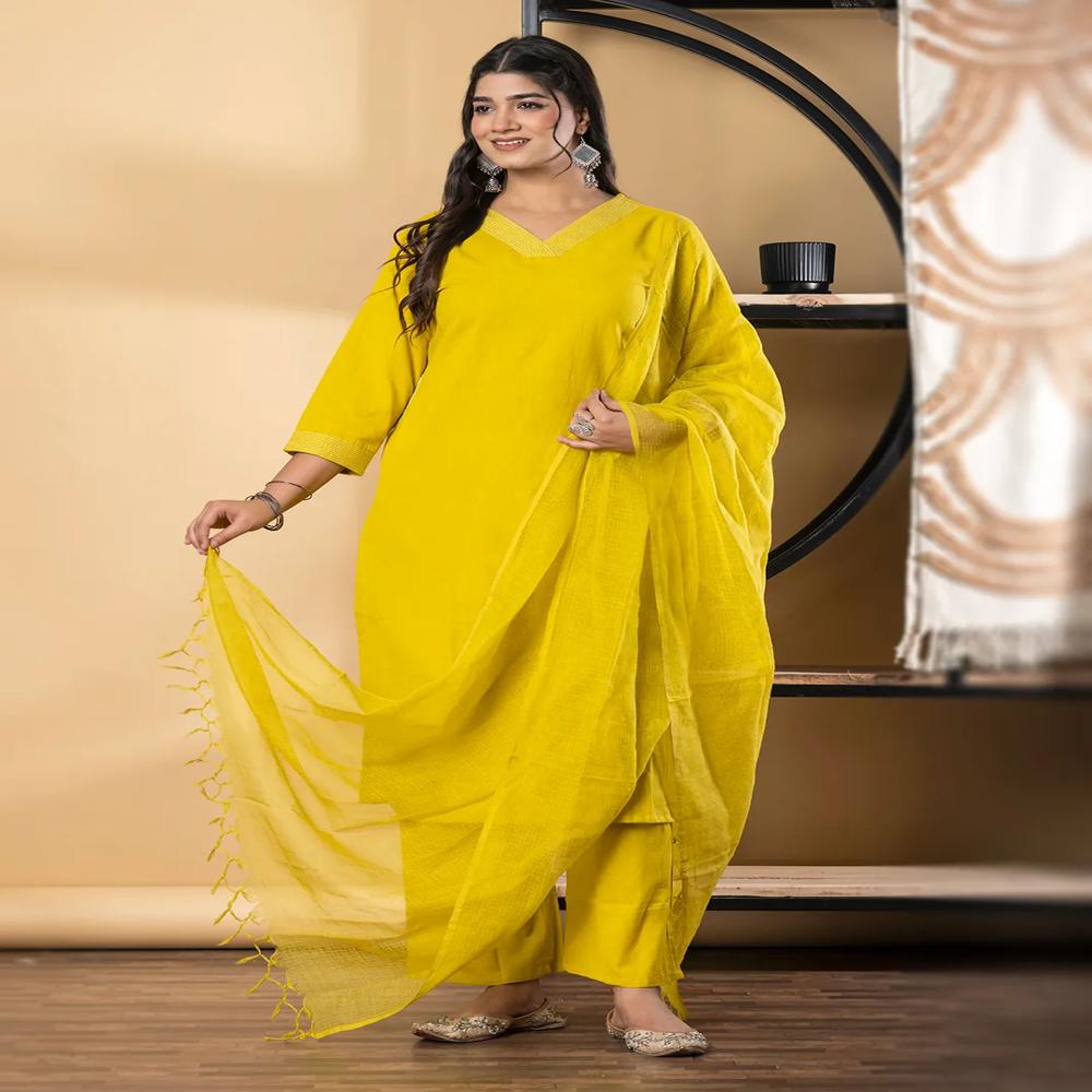 Straight Style Cotton Flex Fabric Yellow Color Kurta And Bottom With Dupatta