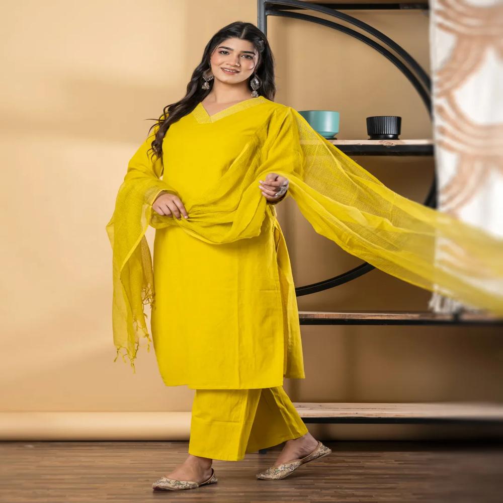 Straight Style Cotton Flex Fabric Yellow Color Kurta And Bottom With Dupatta