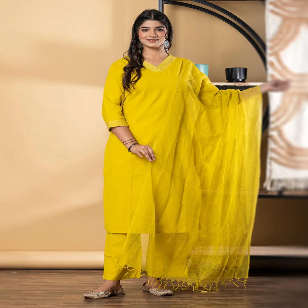 Straight Style Cotton Flex Fabric Yellow Color Kurta And Bottom With Dupatta