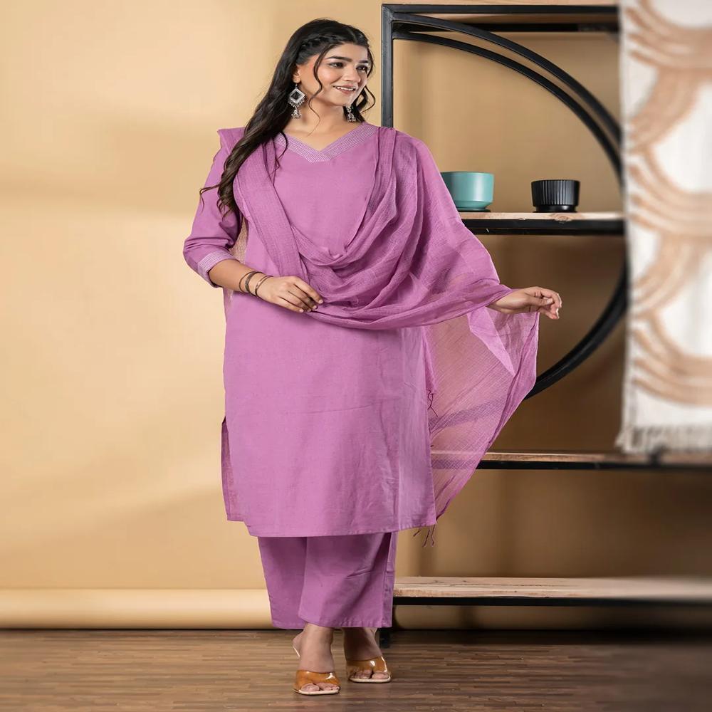 Straight Style Cotton Flex Fabric Mauve Color Kurta And Bottom With Dupatta