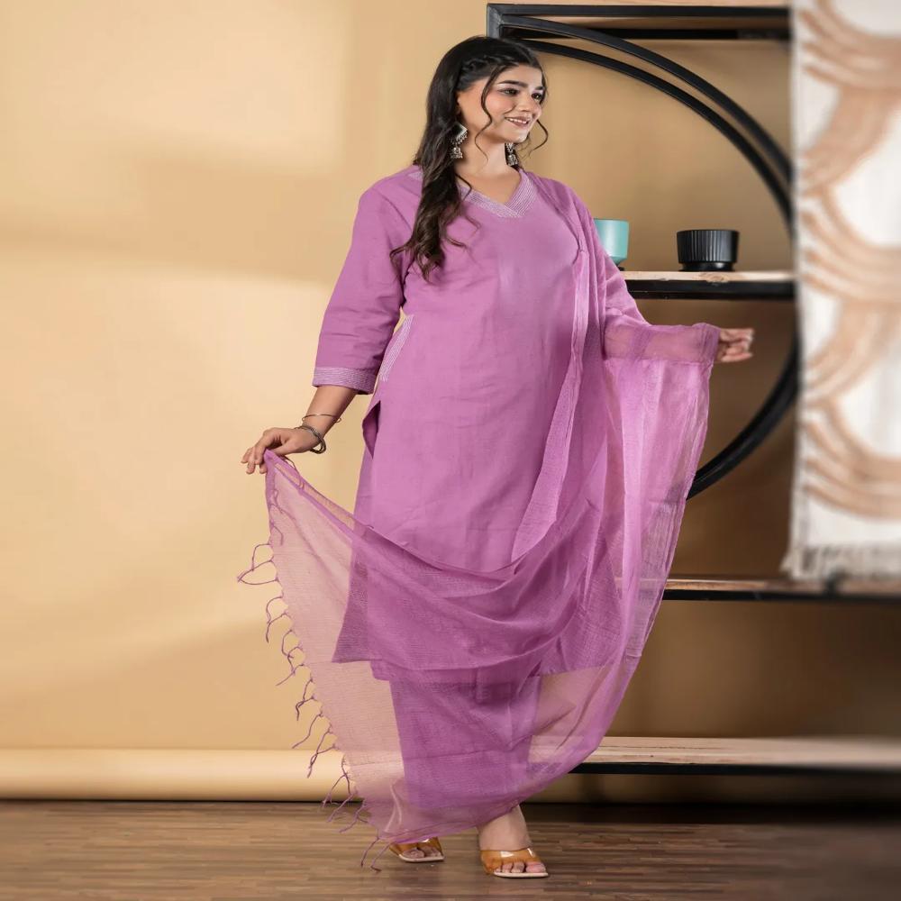 Straight Style Cotton Flex Fabric Mauve Color Kurta And Bottom With Dupatta
