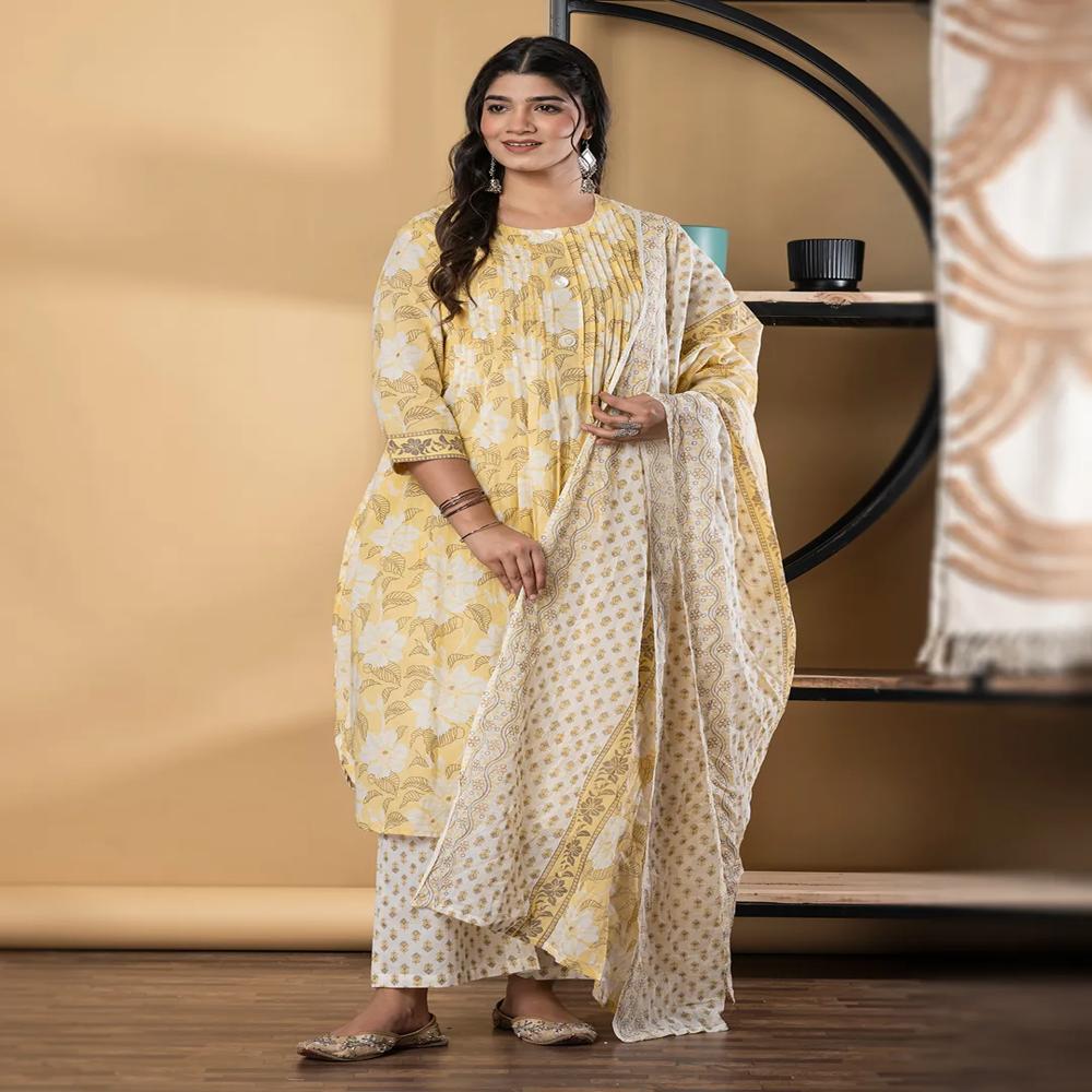 A Line Style Cotton Fabric Yellow Color Kurta And Bottom With Dupatta