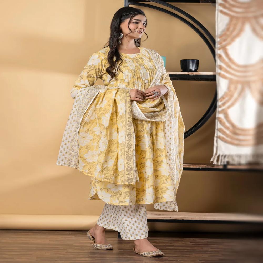A Line Style Cotton Fabric Yellow Color Kurta And Bottom With Dupatta
