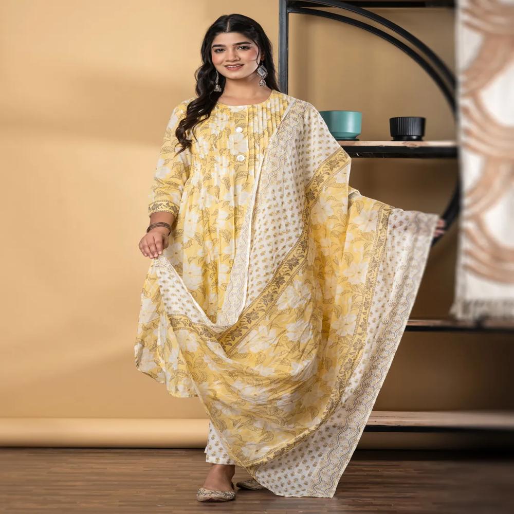 A Line Style Cotton Fabric Yellow Color Kurta And Bottom With Dupatta