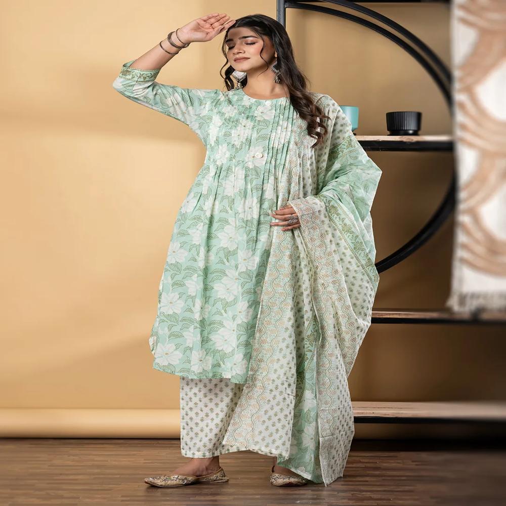 A Line Style Cotton Fabric Green Color Kurta And Bottom With Dupatta