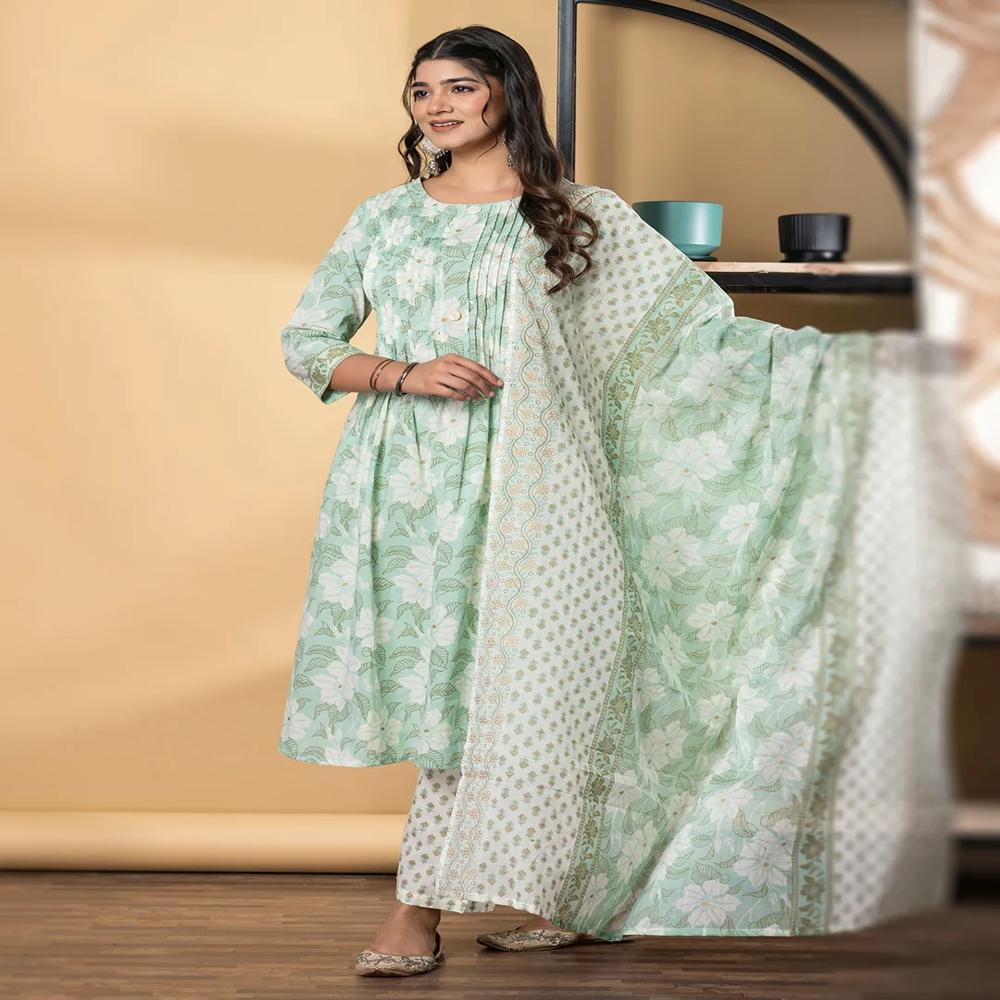 A Line Style Cotton Fabric Green Color Kurta And Bottom With Dupatta