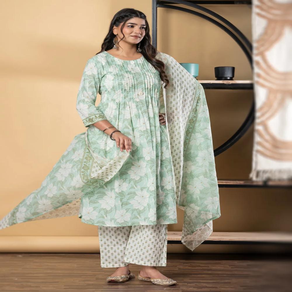 A Line Style Cotton Fabric Green Color Kurta And Bottom With Dupatta