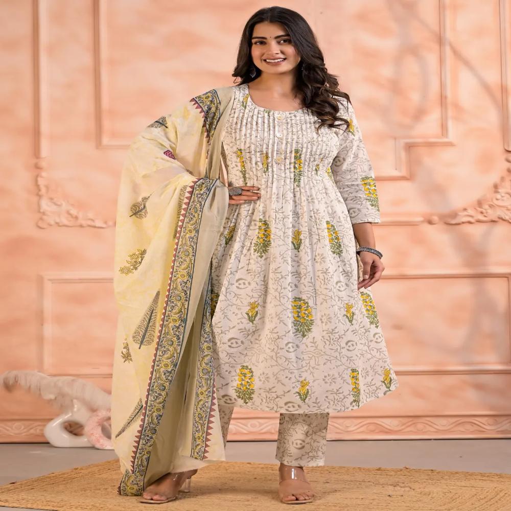 A Line Style Cotton Fabric White Color Kurta And Bottom With Dupatta