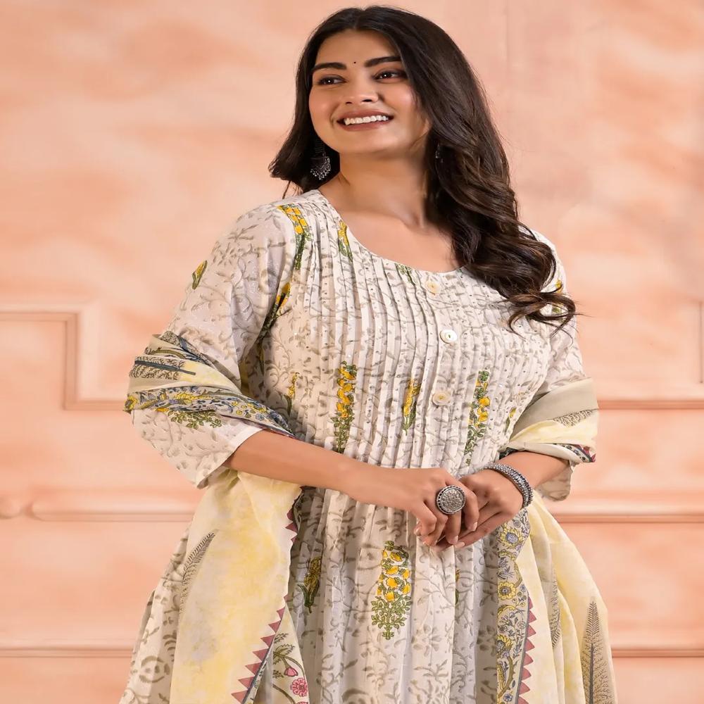 A Line Style Cotton Fabric White Color Kurta And Bottom With Dupatta