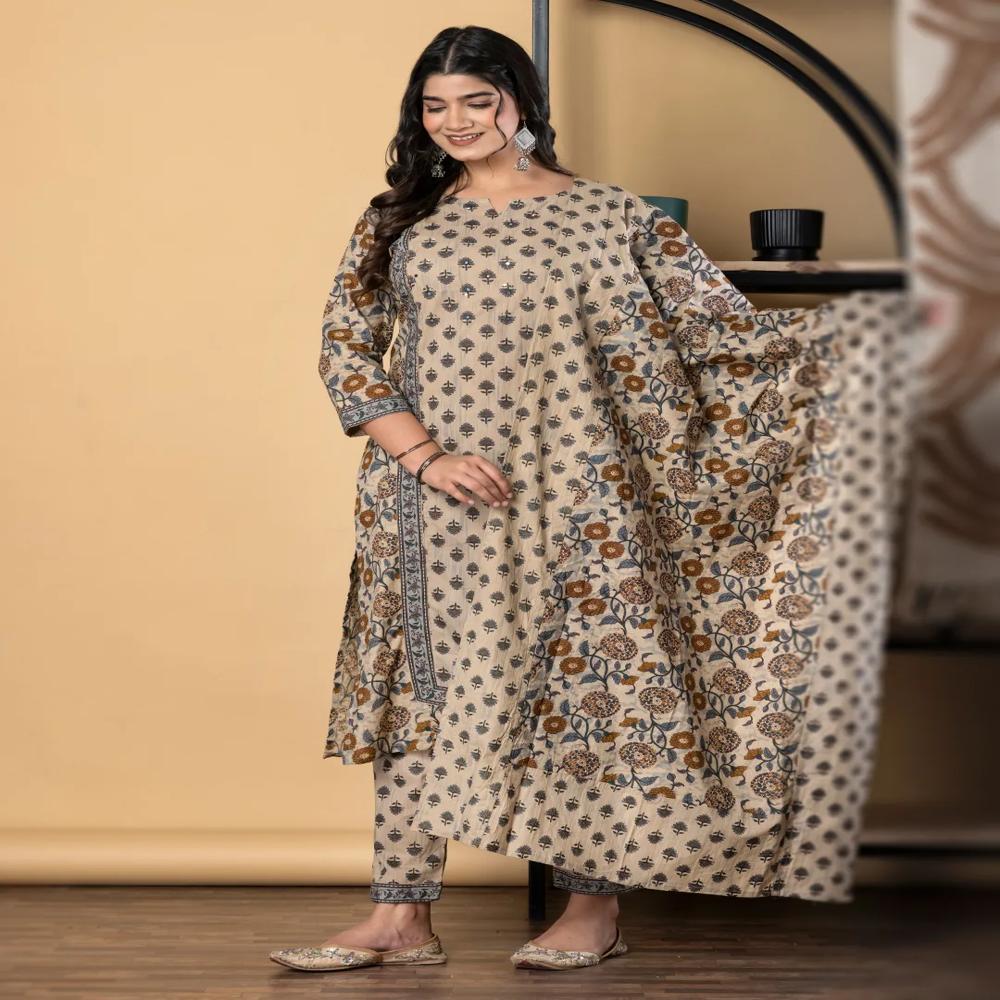 Straight Style Cotton Fabric Beige Color Kurta And Bottom With Dupatta