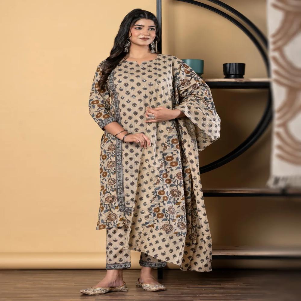Straight Style Cotton Fabric Beige Color Kurta And Bottom With Dupatta