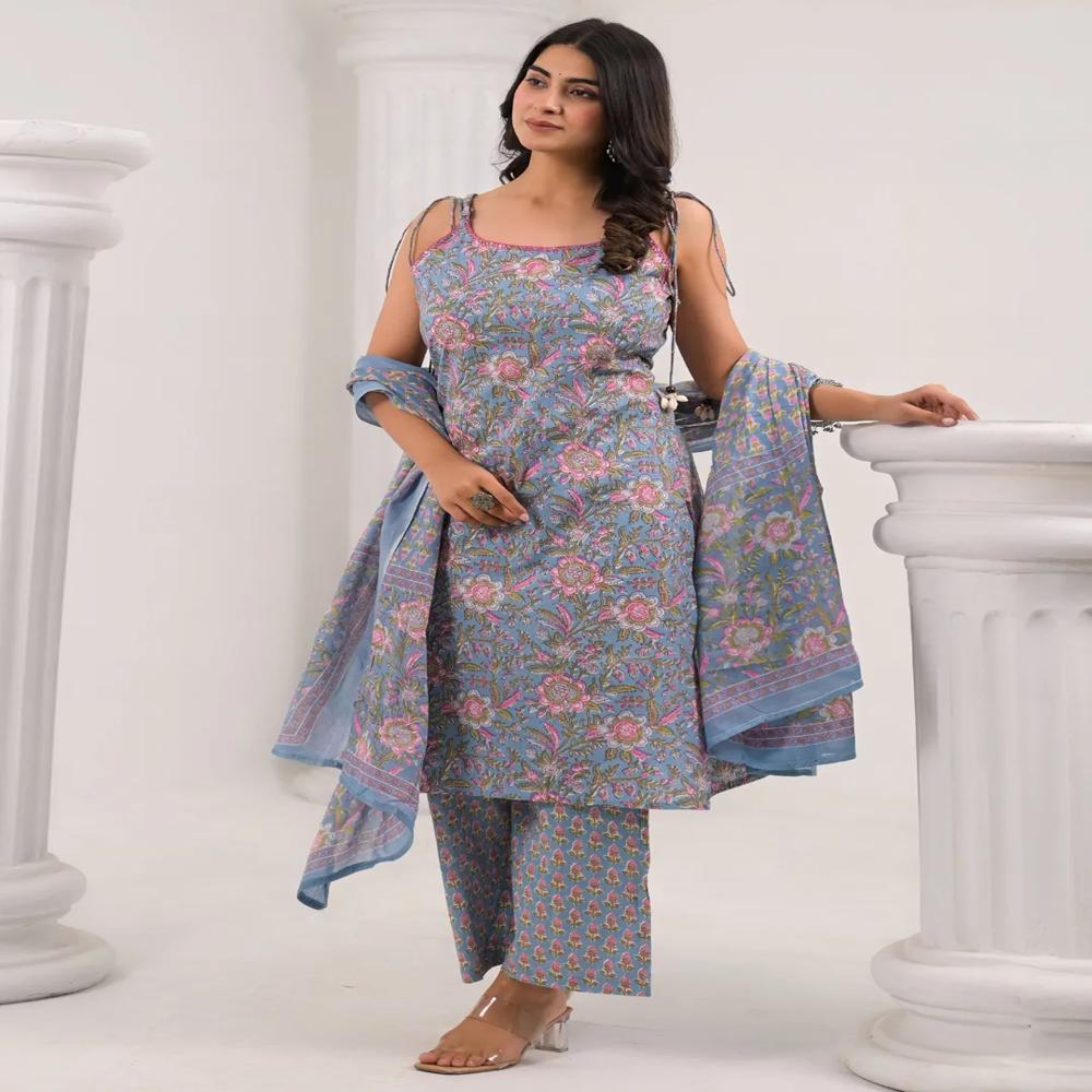 Straight Style Cotton Fabric Grey Color Kurta And Bottom With Dupatta