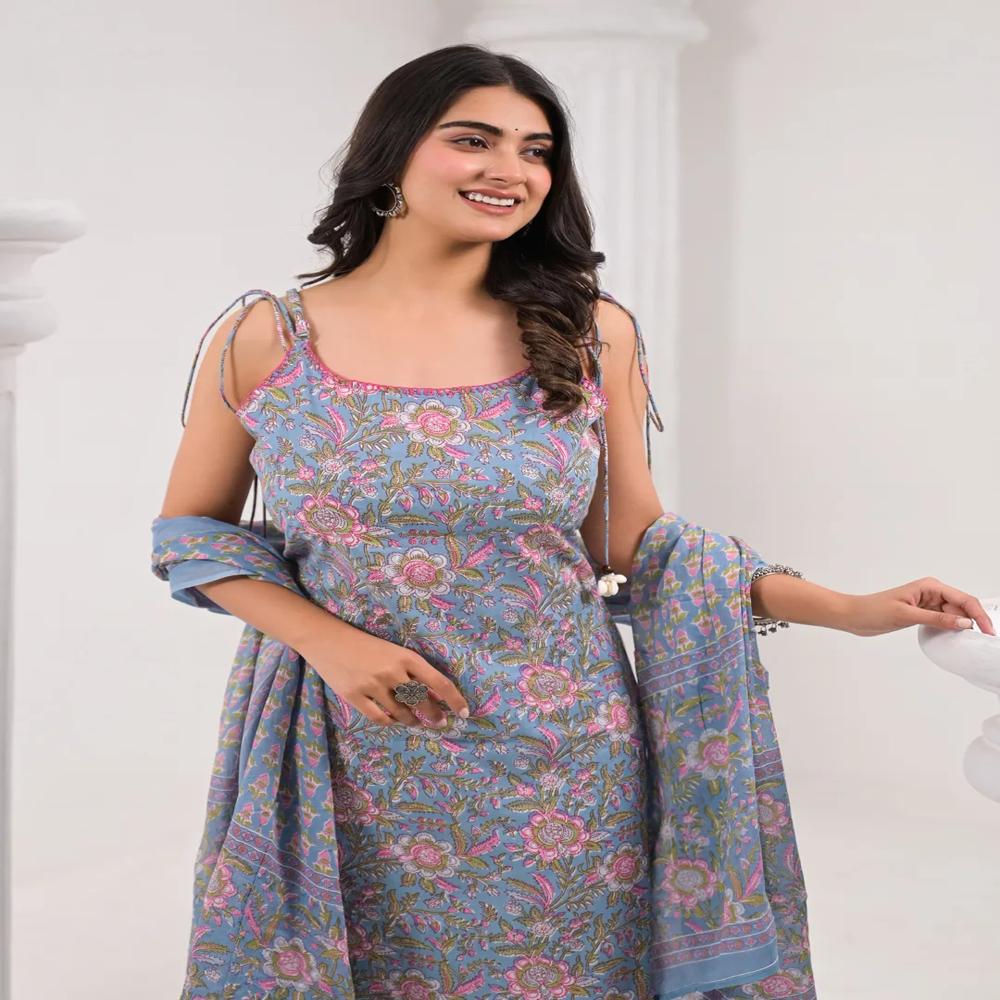 Straight Style Cotton Fabric Grey Color Kurta And Bottom With Dupatta