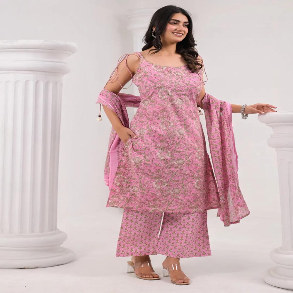 Straight Style Cotton Fabric Pink Color Kurta And Bottom With Dupatta