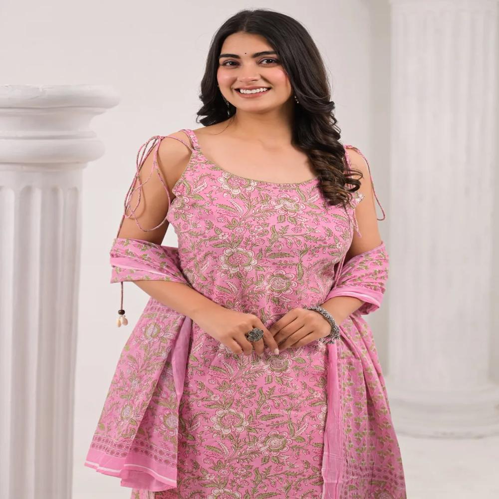 Straight Style Cotton Fabric Pink Color Kurta And Bottom With Dupatta