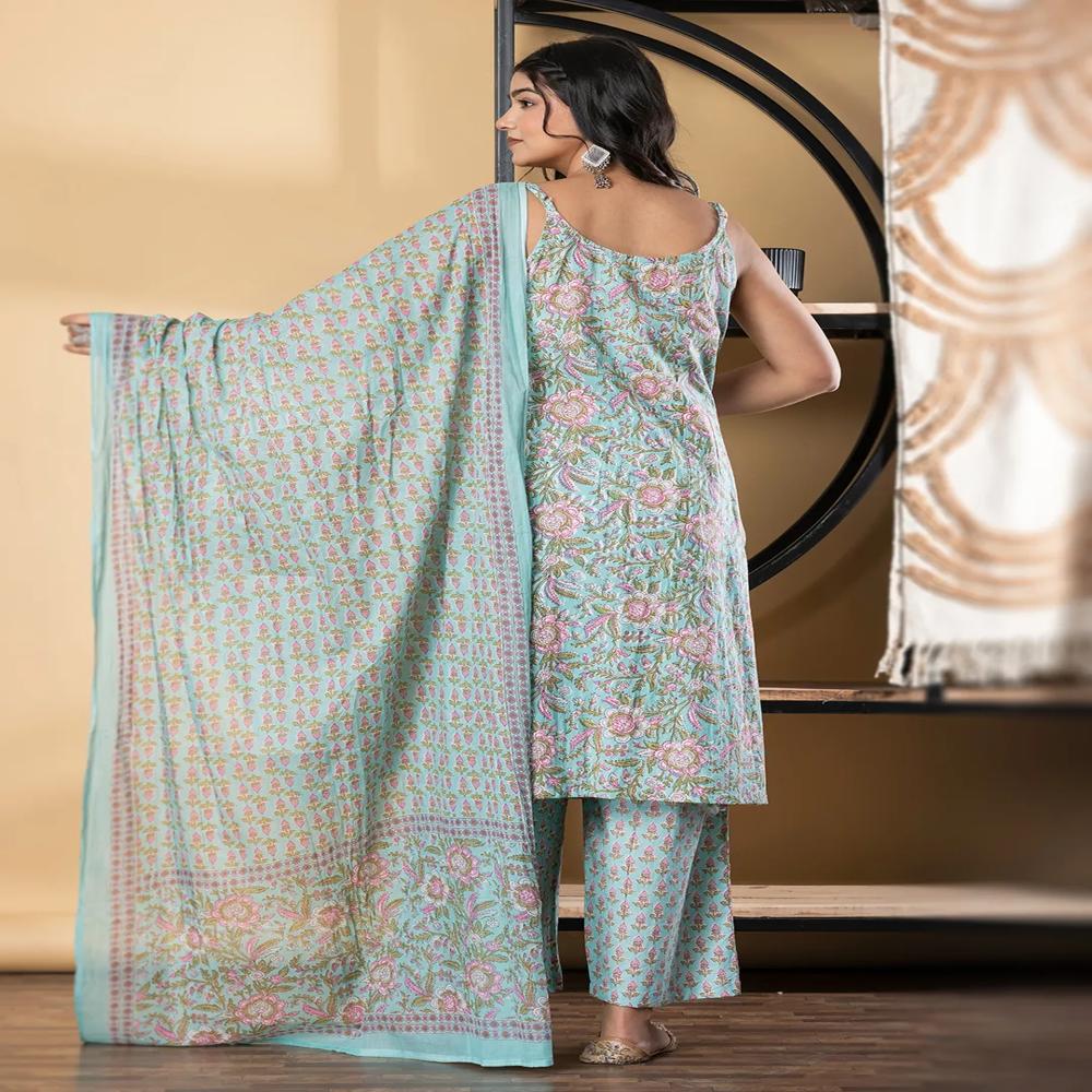 Straight Style Cotton Fabric Turquoise Blue Color Kurta And Bottom With Dupatta