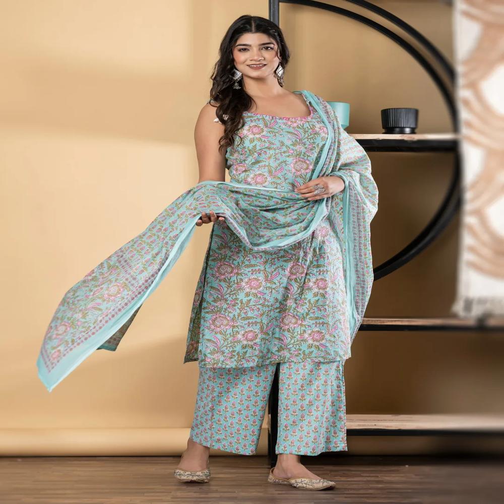 Straight Style Cotton Fabric Turquoise Blue Color Kurta And Bottom With Dupatta