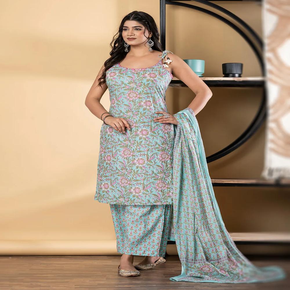 Straight Style Cotton Fabric Turquoise Blue Color Kurta And Bottom With Dupatta