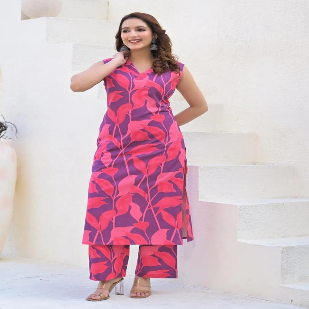 Straight Style Cotton Fabric Red Color Kurta And Bottom 