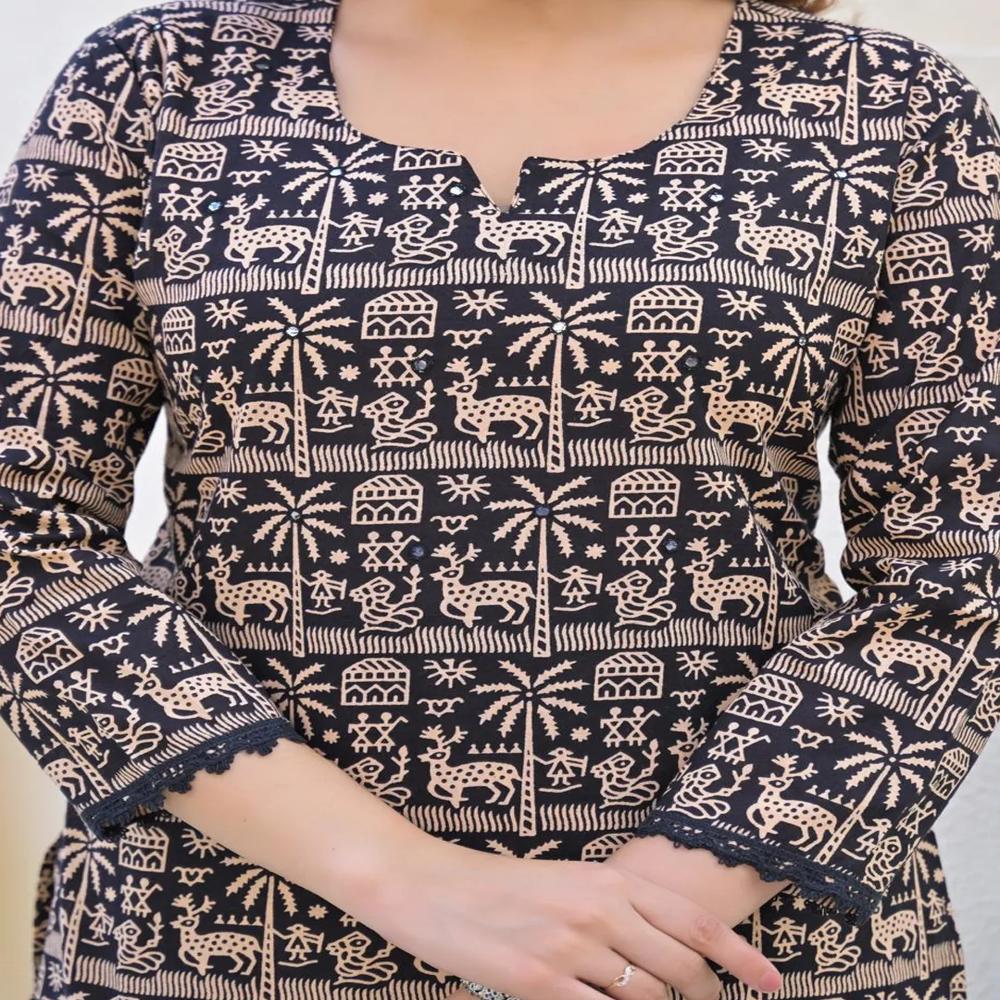 Straight Style Cotton Fabric Black Color Kurta And Bottom