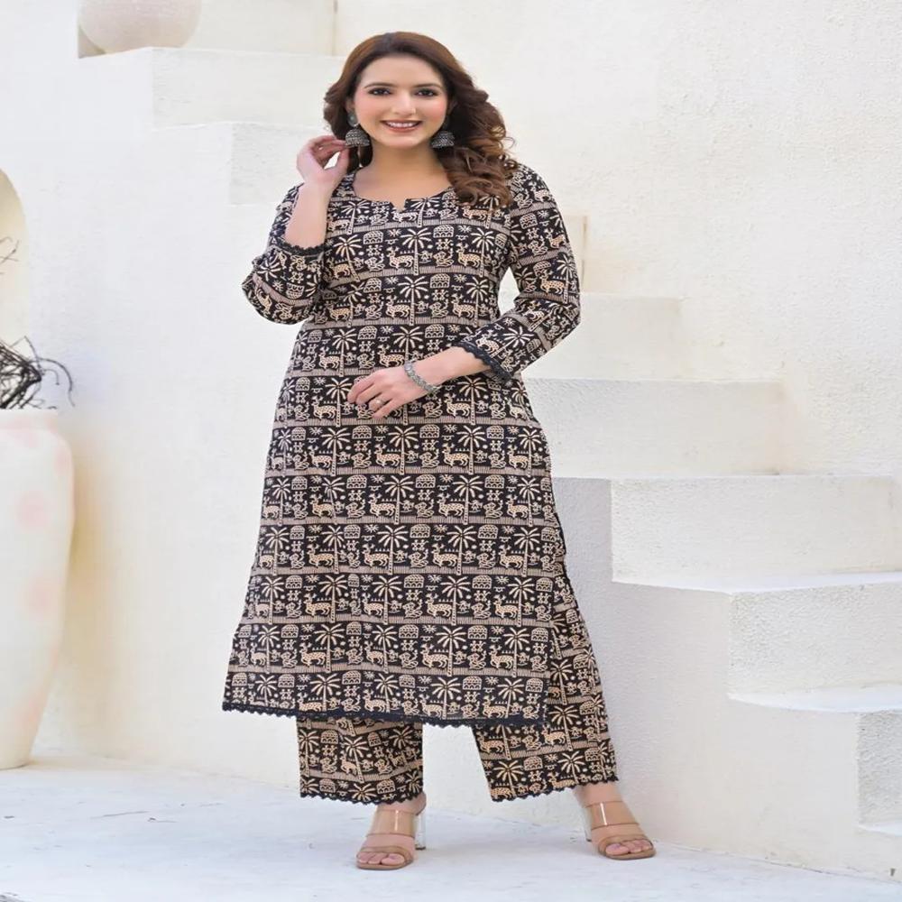 Straight Style Cotton Fabric Black Color Kurta And Bottom 