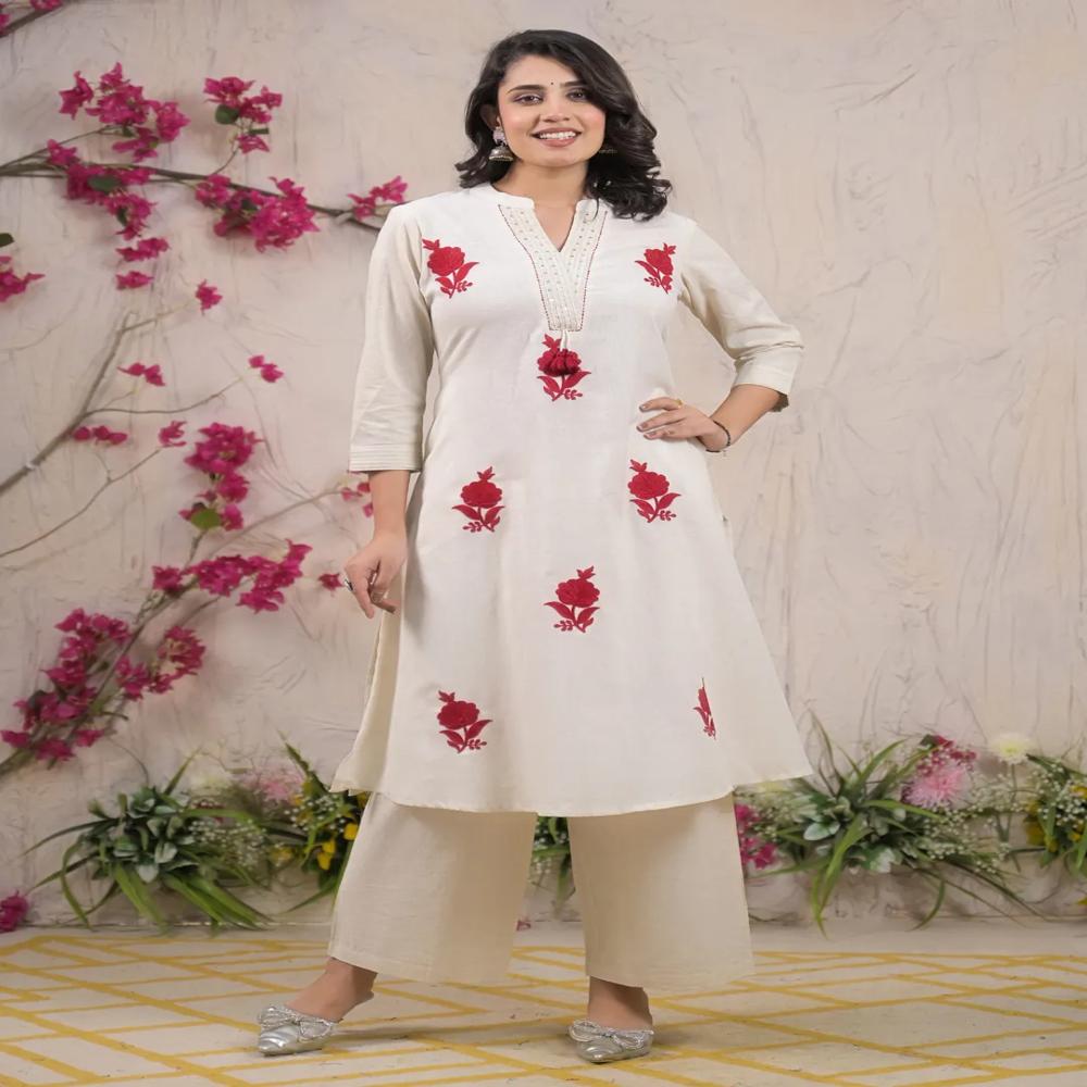 Straight Style Cotton Flex Fabric Off White Color Kurta And Bottom 