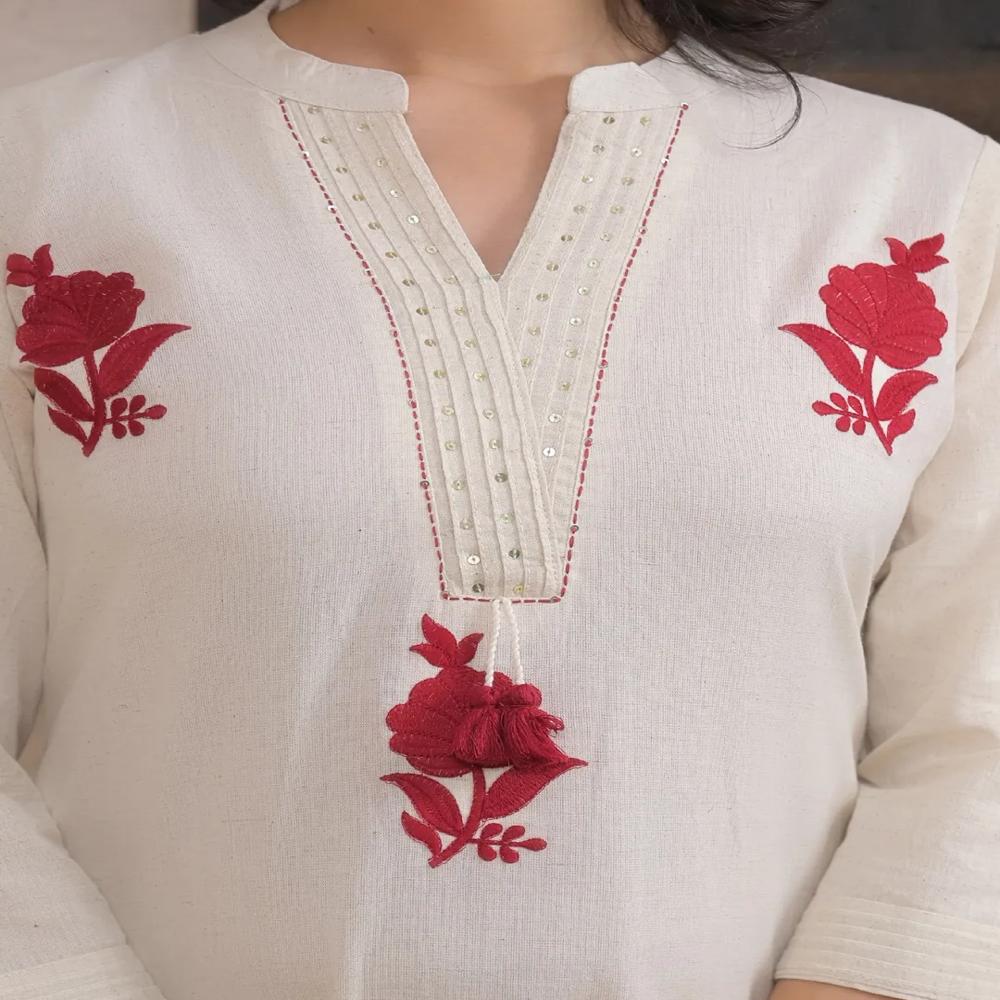 Straight Style Cotton Flex Fabric Off White Color Kurta And Bottom 