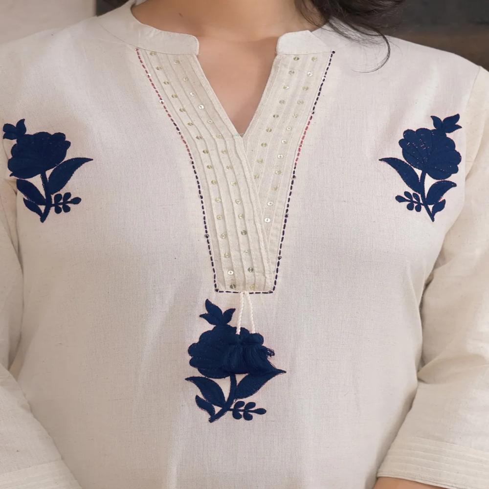 Straight Style Cotton Flex Fabric Off White Color Kurta And Bottom 