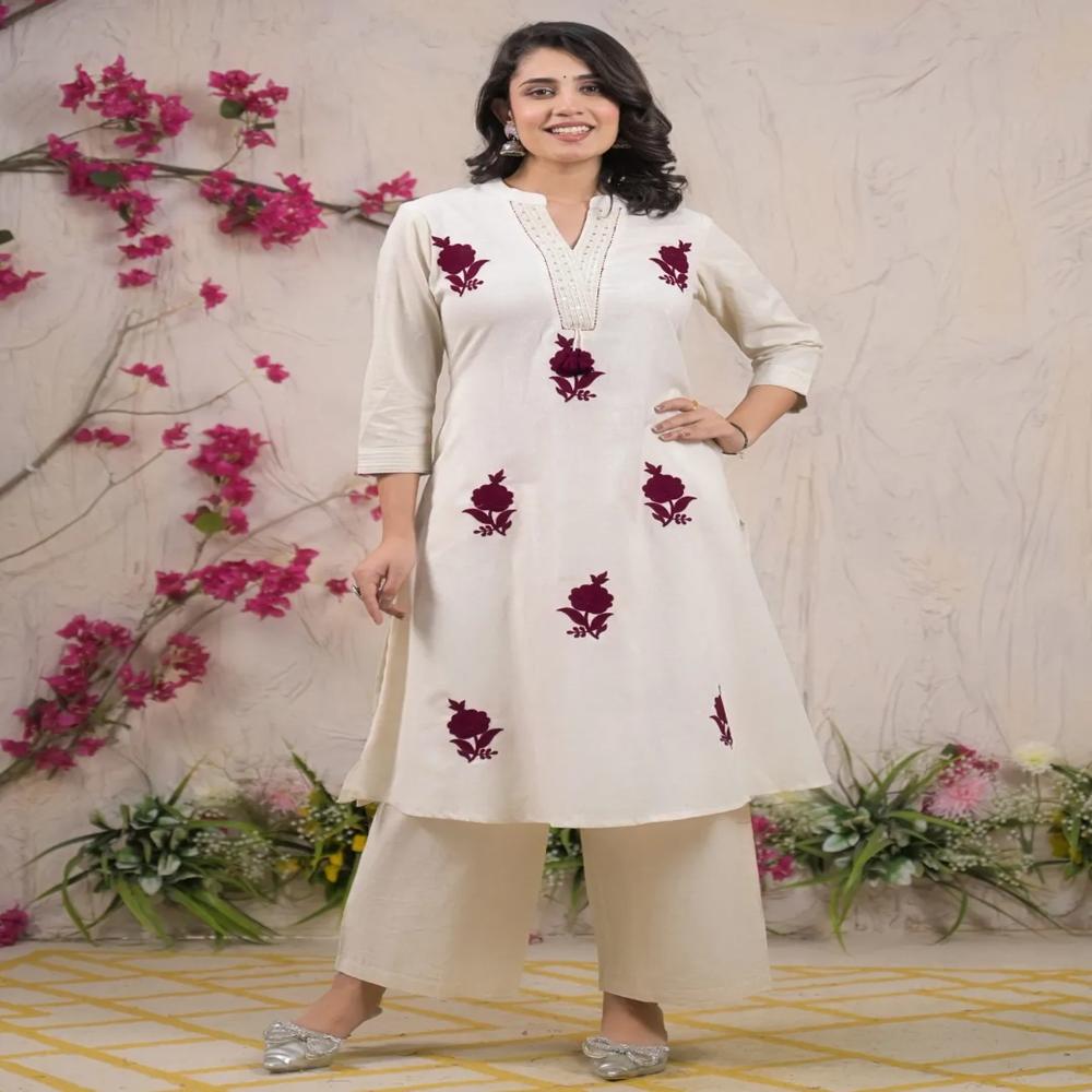 Straight Style Cotton Flex Fabric Off White Color Kurta And Bottom