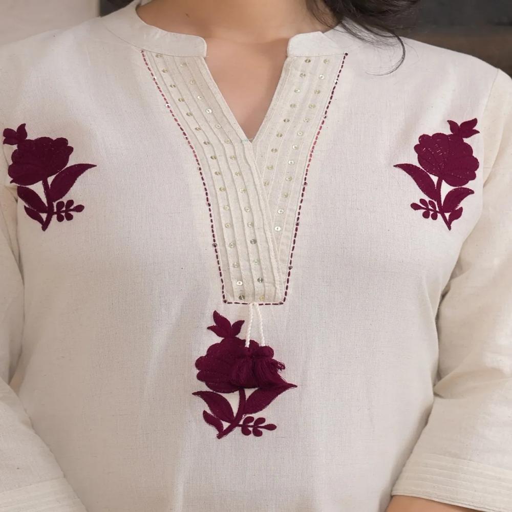 Straight Style Cotton Flex Fabric Off White Color Kurta And Bottom 