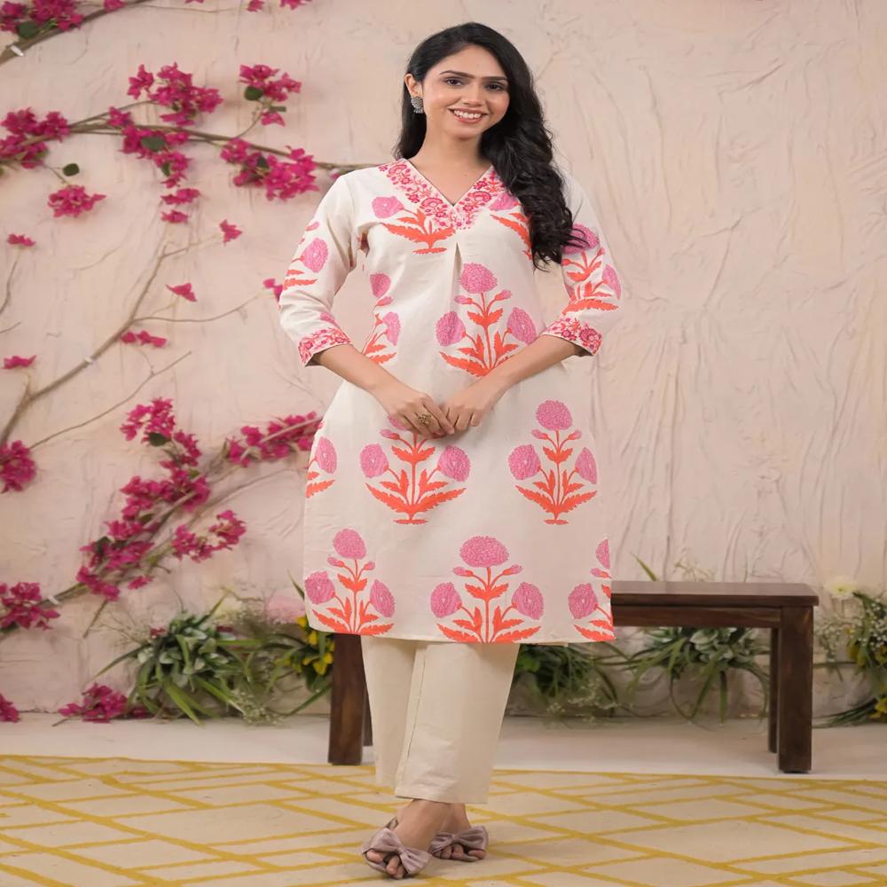 Straight Style Cotton Flex Fabric Pink Color Kurta And Bottom