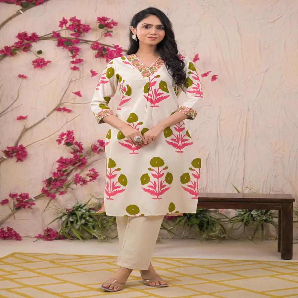 Straight Style Cotton Flex Fabric Green Color Kurta And Bottom