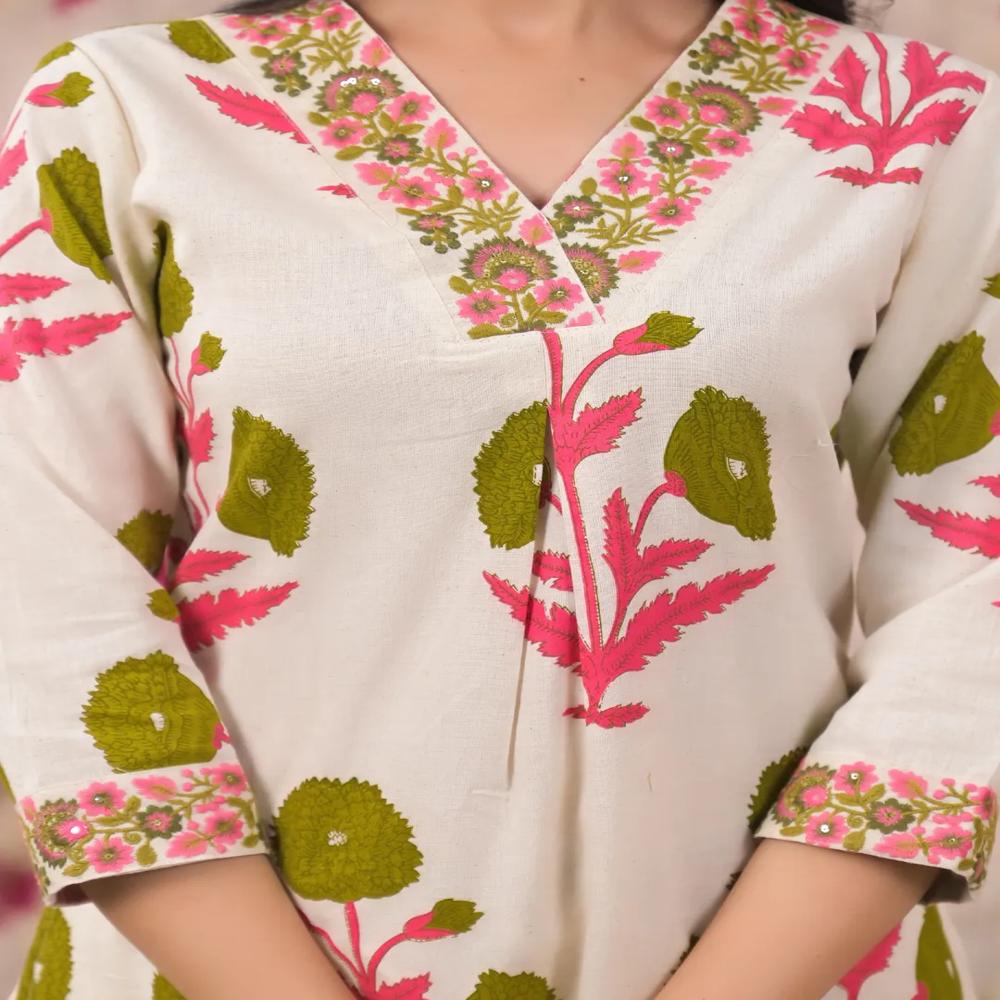 Straight Style Cotton Flex Fabric Green Color Kurta And Bottom 