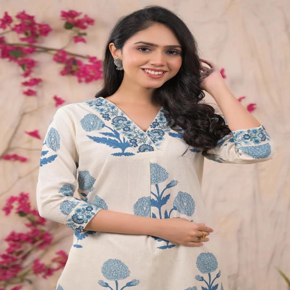 Straight Style Cotton Flex Fabric Blue Color Kurta And Bottom 