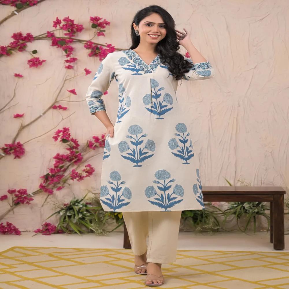 Straight Style Cotton Flex Fabric Blue Color Kurta And Bottom 