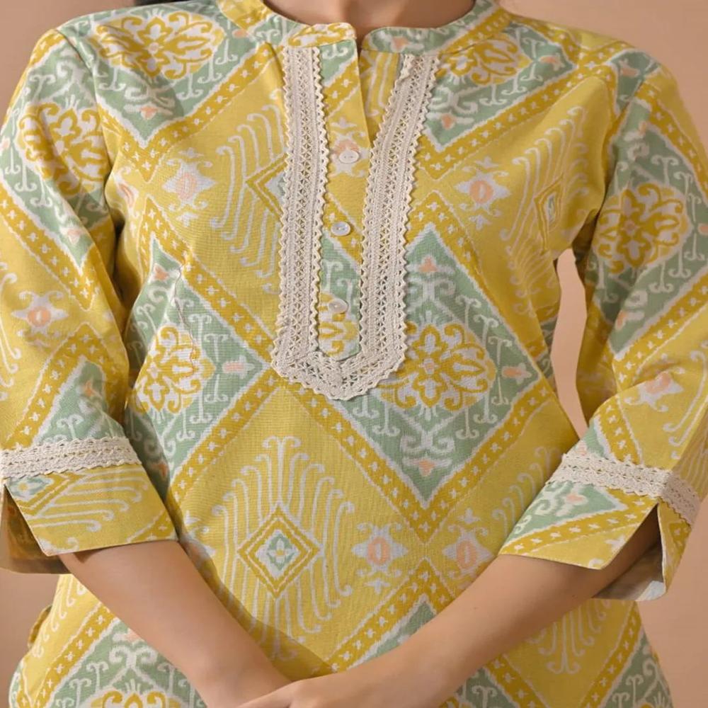Curved Style Poly Cotton Fabric Yellow Color Kurta And Bottom 
