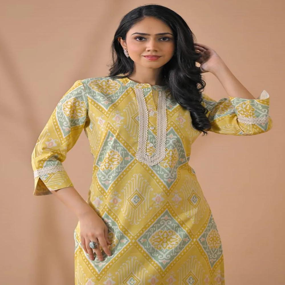 Curved Style Poly Cotton Fabric Yellow Color Kurta And Bottom 