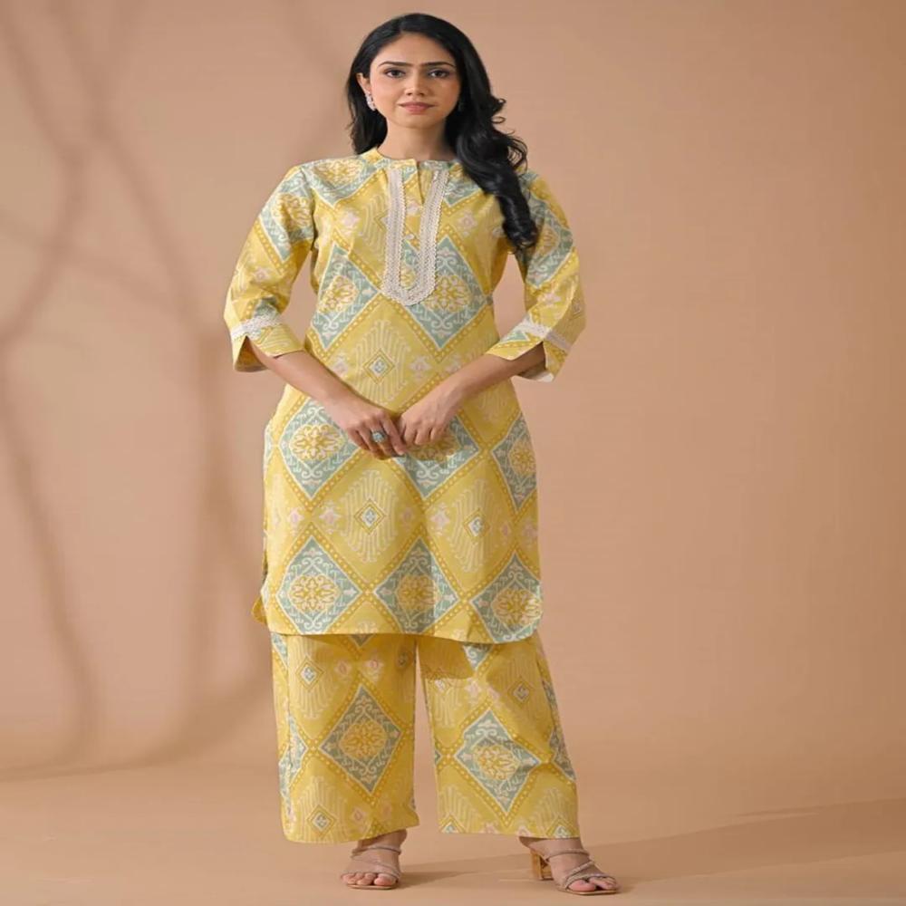 Curved Style Poly Cotton Fabric Yellow Color Kurta And Bottom 