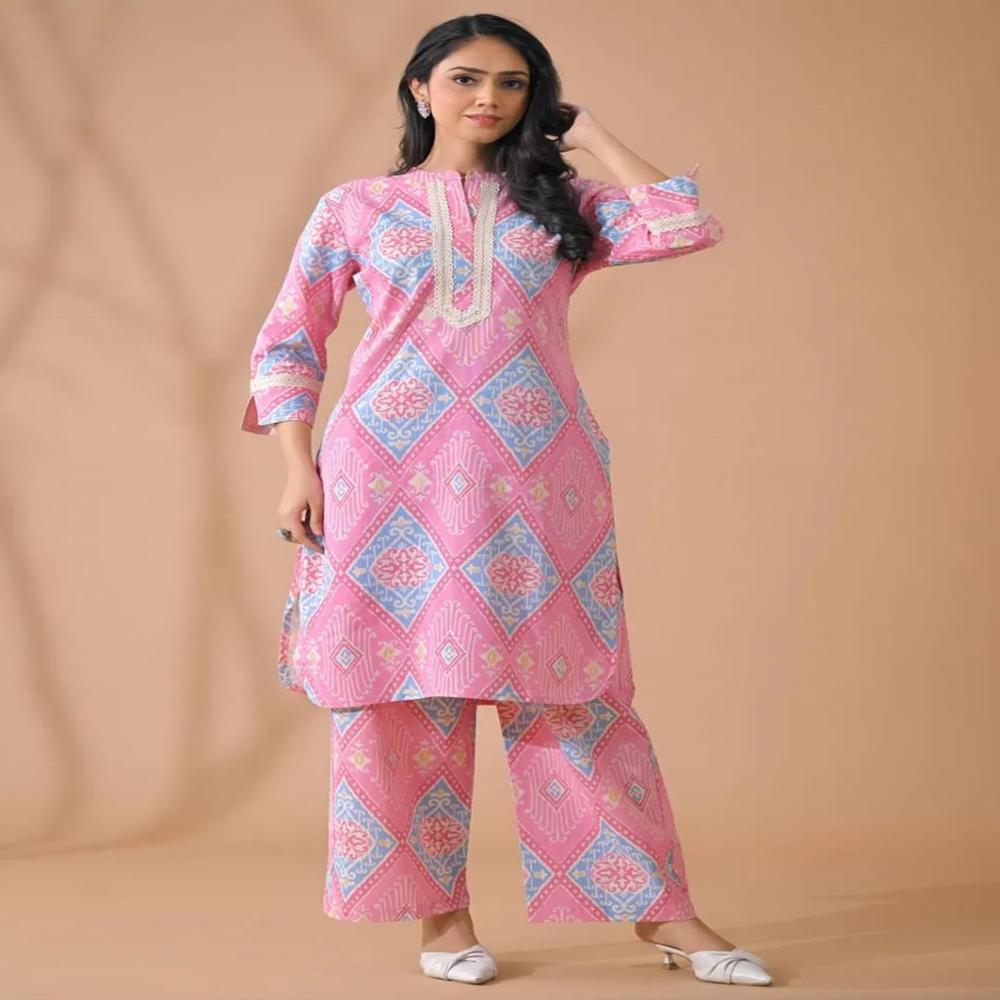 Curved Style Poly Cotton Fabric Pink Color Kurta And Bottom 
