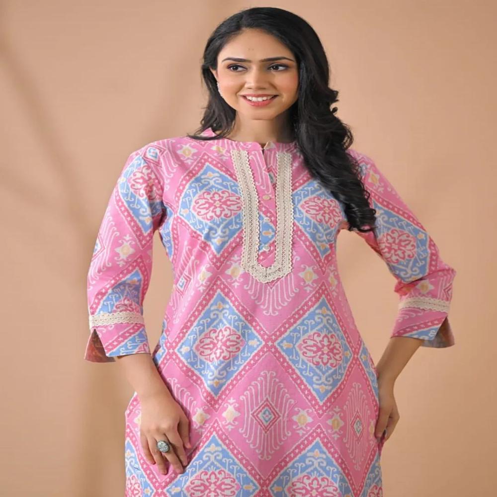 Curved Style Poly Cotton Fabric Pink Color Kurta And Bottom 