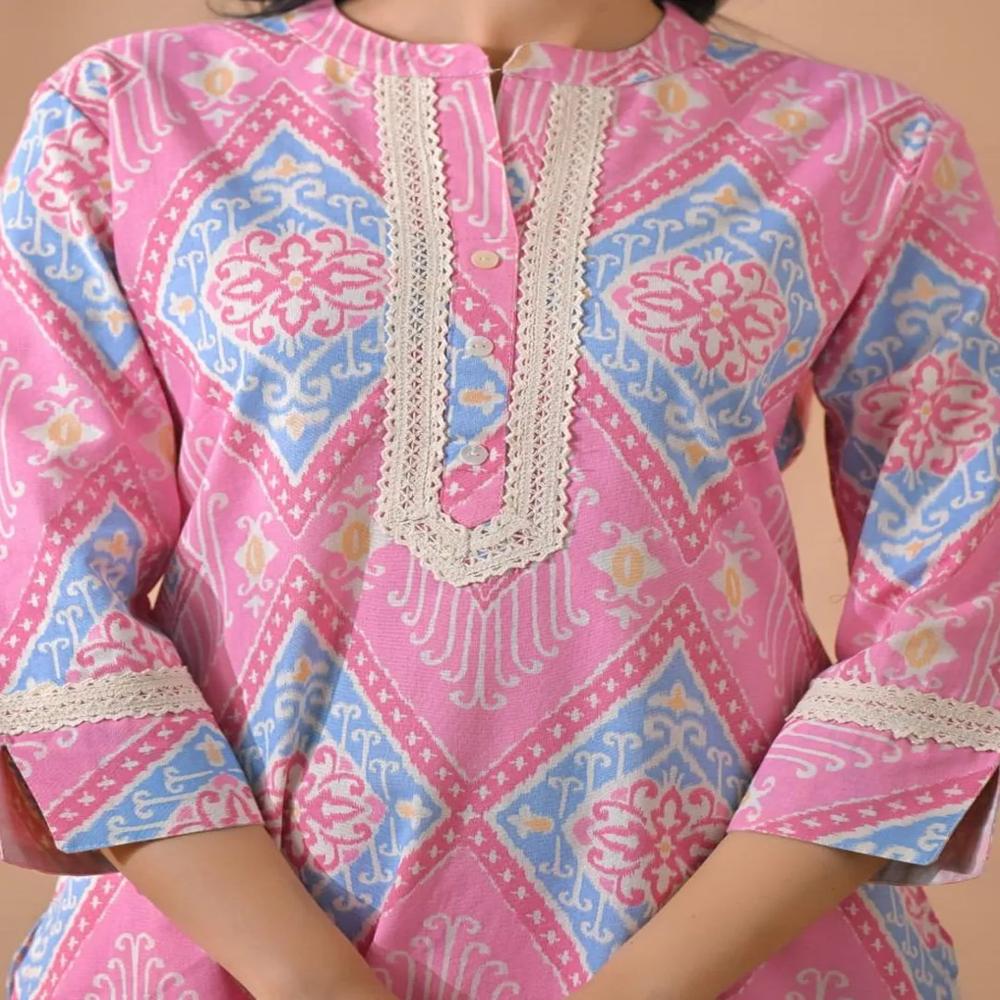 Curved Style Poly Cotton Fabric Pink Color Kurta And Bottom 