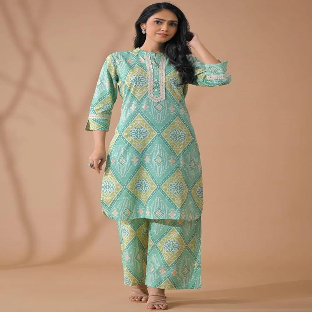 Curved Style Poly Cotton Fabric Green Color Kurta And Bottom 