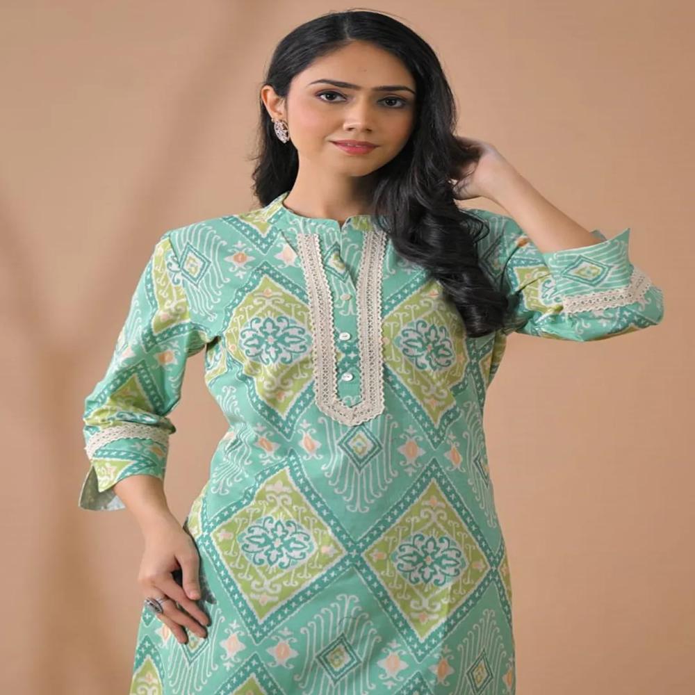 Curved Style Poly Cotton Fabric Green Color Kurta And Bottom 