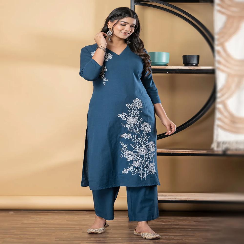 Straight Style Cotton Fabric Teal Color Kurta And Bottom 