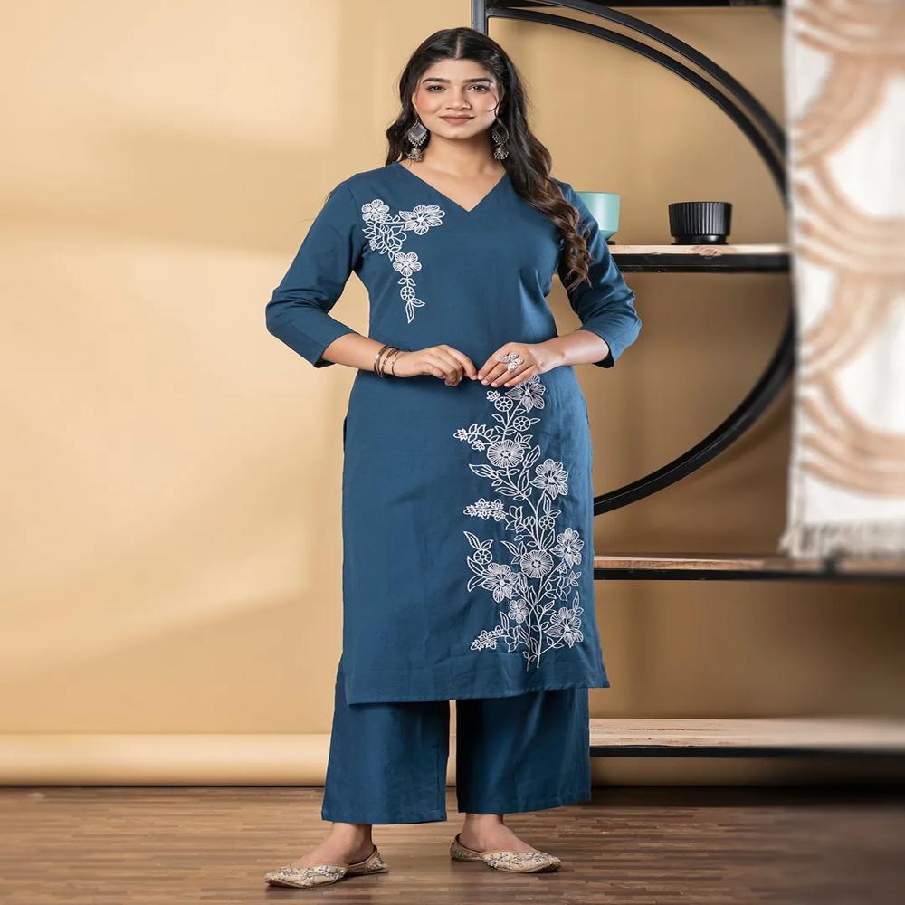 Straight Style Cotton Fabric Teal Color Kurta And Bottom 