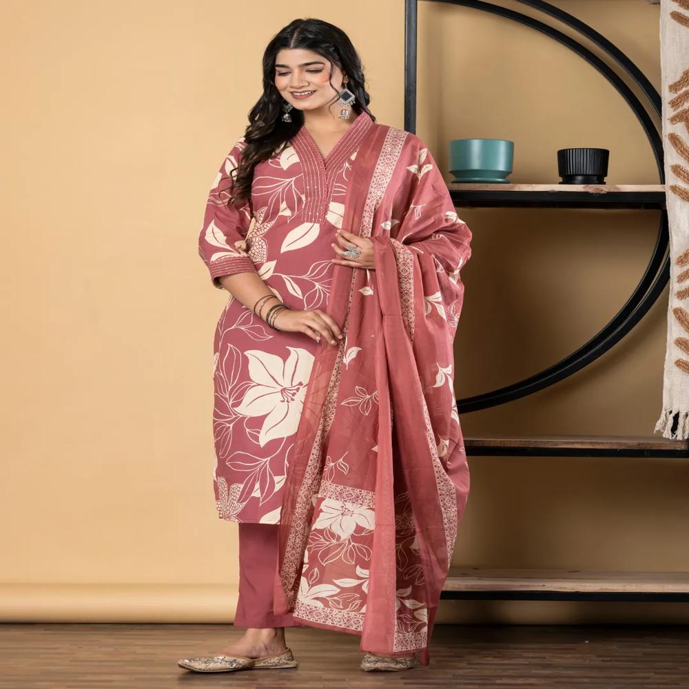 Straight Style Cotton Fabric Maroon Color Kurta And Bottom With Dupatta