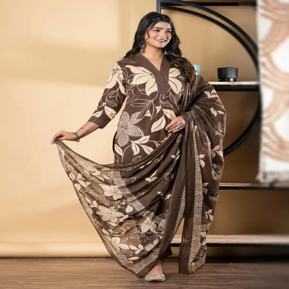 Straight Style Cotton Fabric Coffee Brown Color Kurta And Bottom With Dupatta