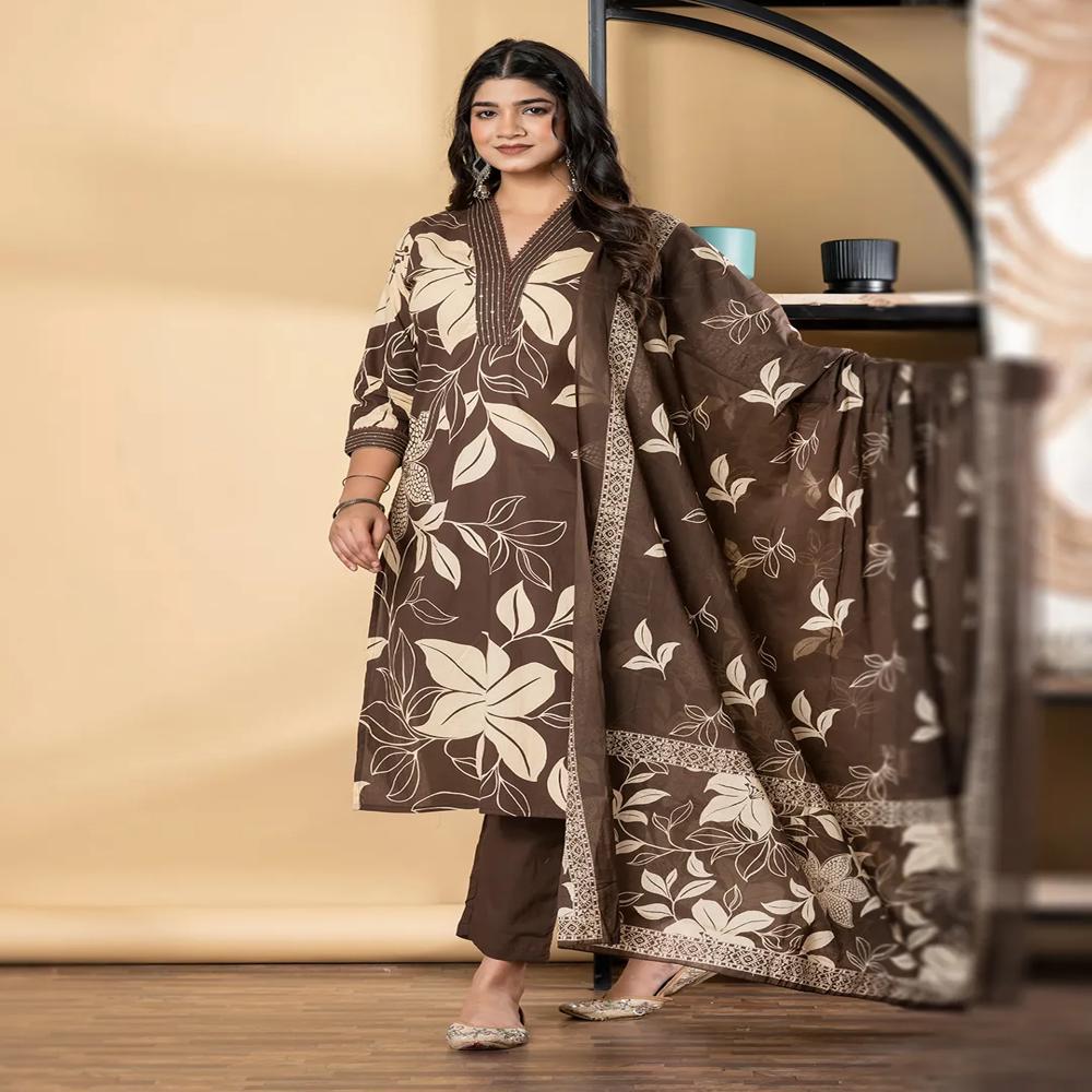 Straight Style Cotton Fabric Coffee Brown Color Kurta And Bottom With Dupatta