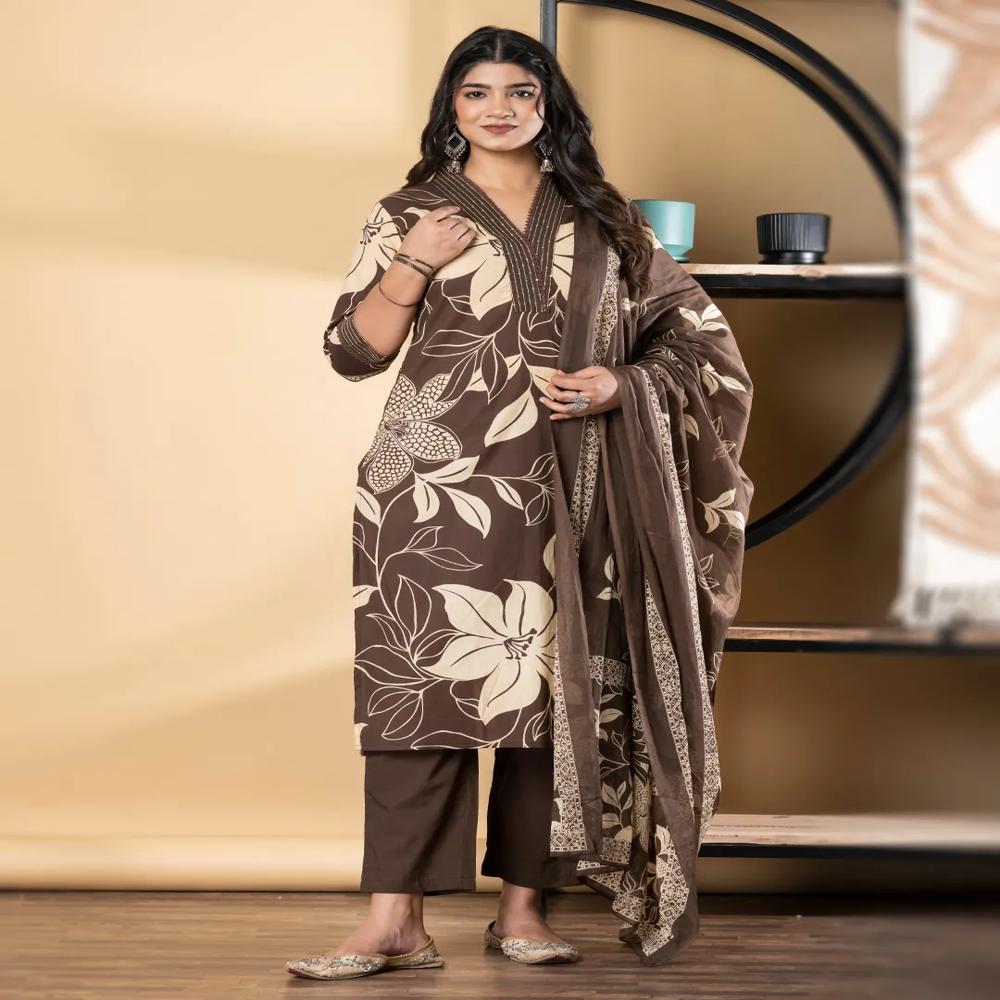 Straight Style Cotton Fabric Coffee Brown Color Kurta And Bottom With Dupatta