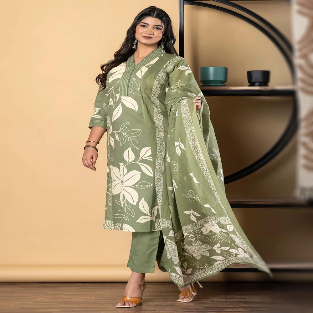 Straight Style Cotton Fabric Green Color Kurta And Bottom With Dupatta